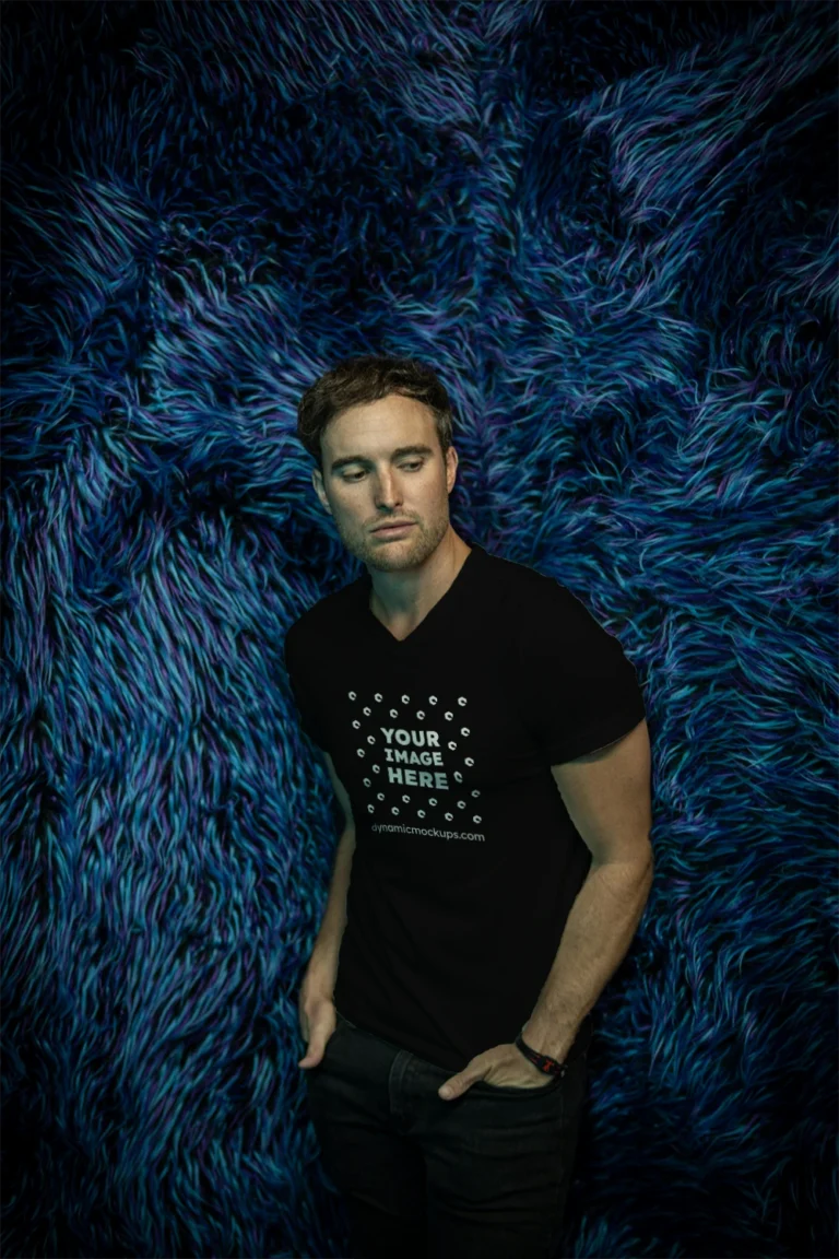 Man Wearing Black T-shirt Mockup Front View Template