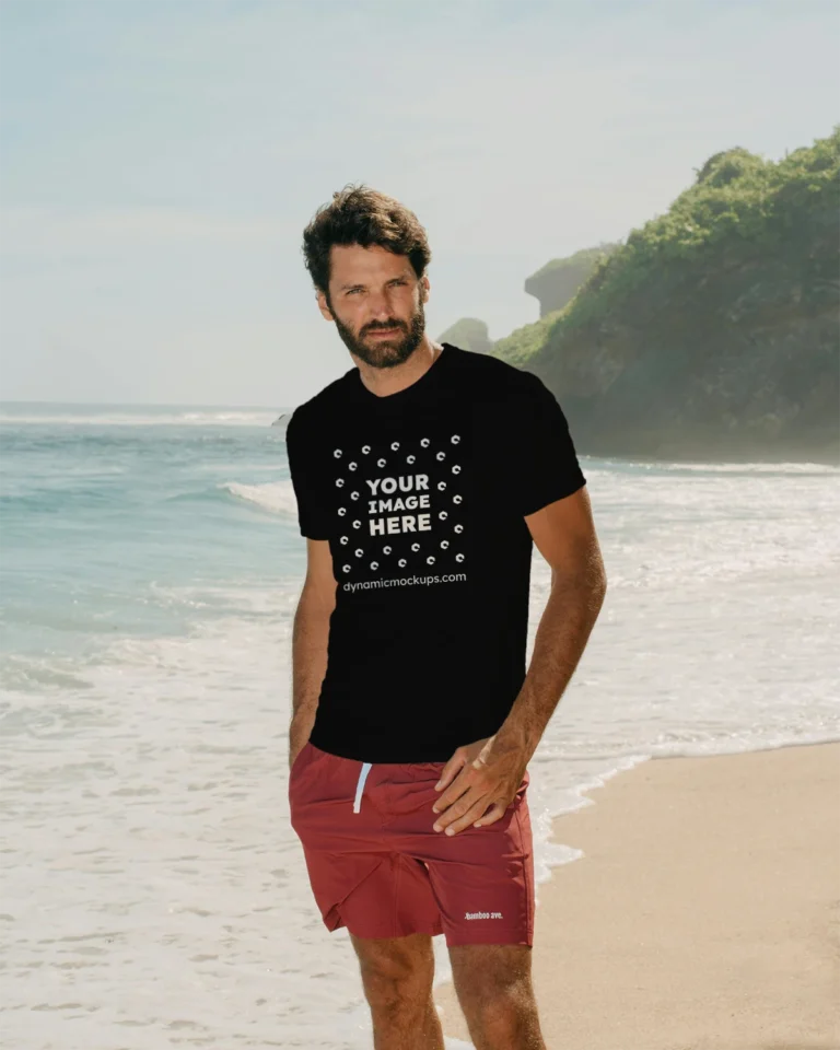 Man Wearing Black T-shirt Mockup Front View Template