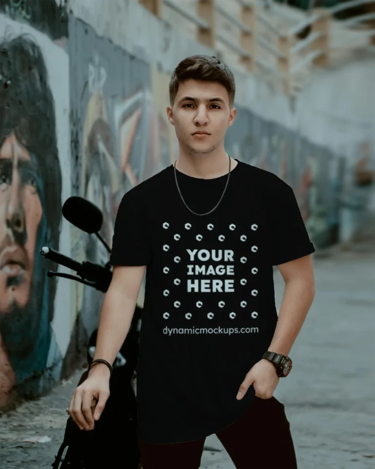 Man Wearing Black T-shirt Mockup Front View Template