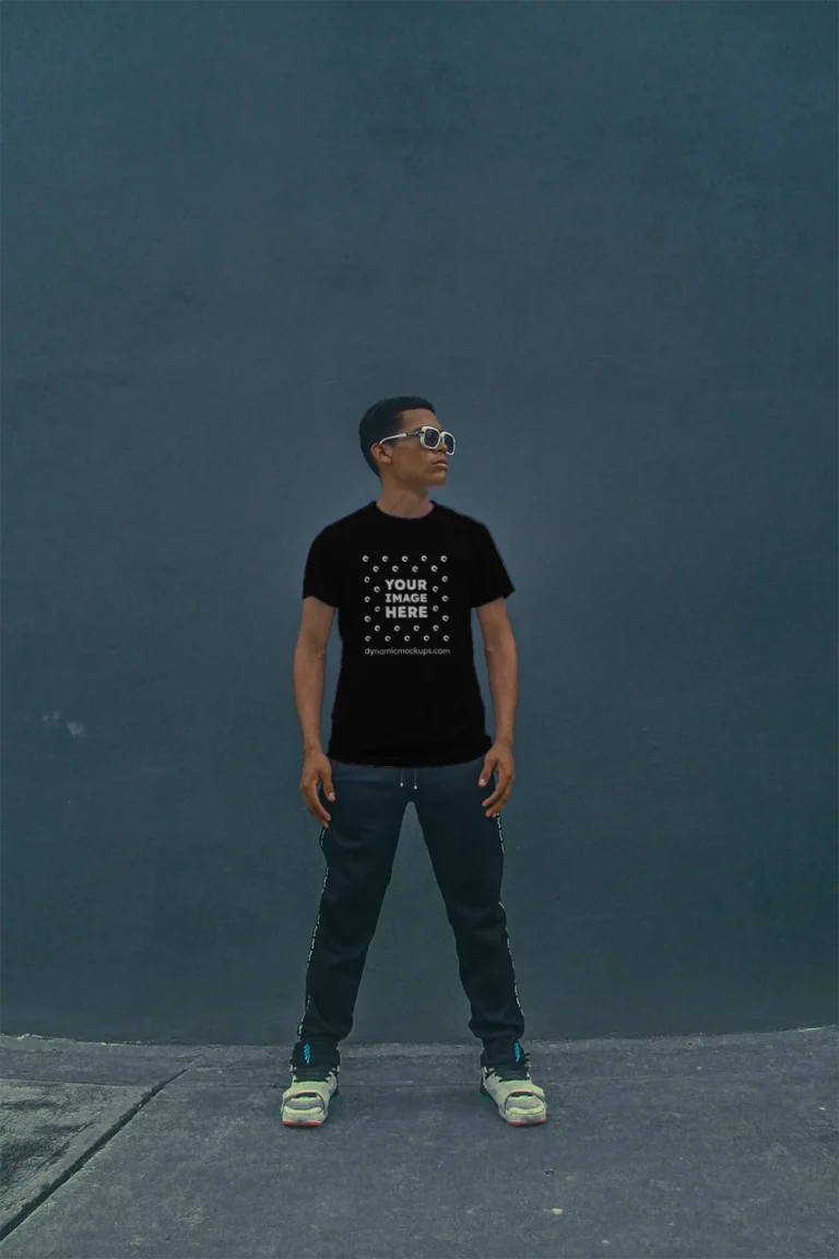 Man Wearing Black T-shirt Mockup Front View Template