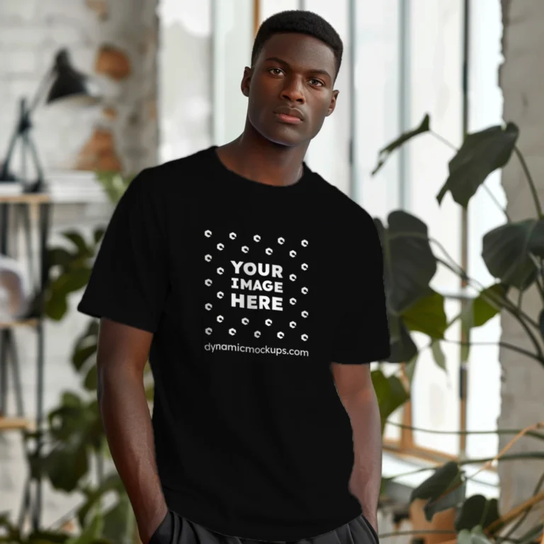 Man Wearing Black T-shirt Mockup Front View Template