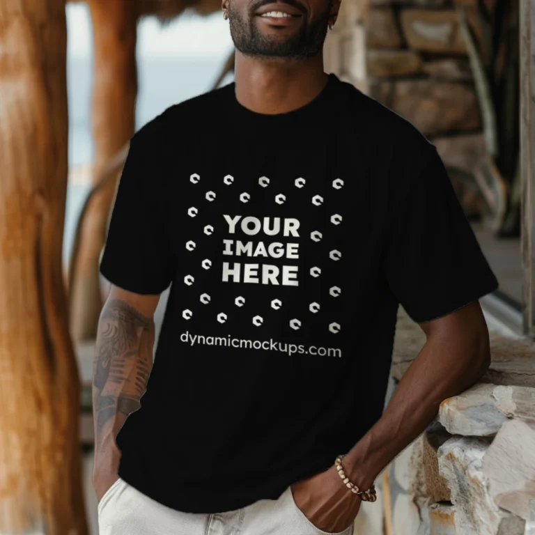 Man Wearing Black T-shirt Mockup Front View Template