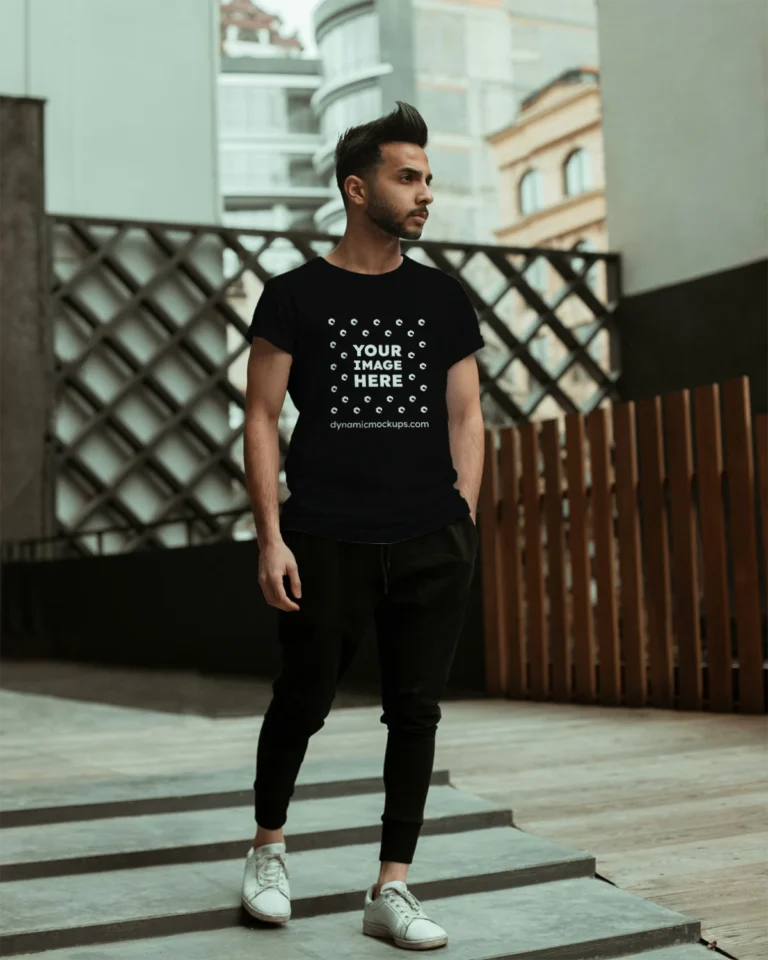 Man Wearing Black T-shirt Mockup Front View Template