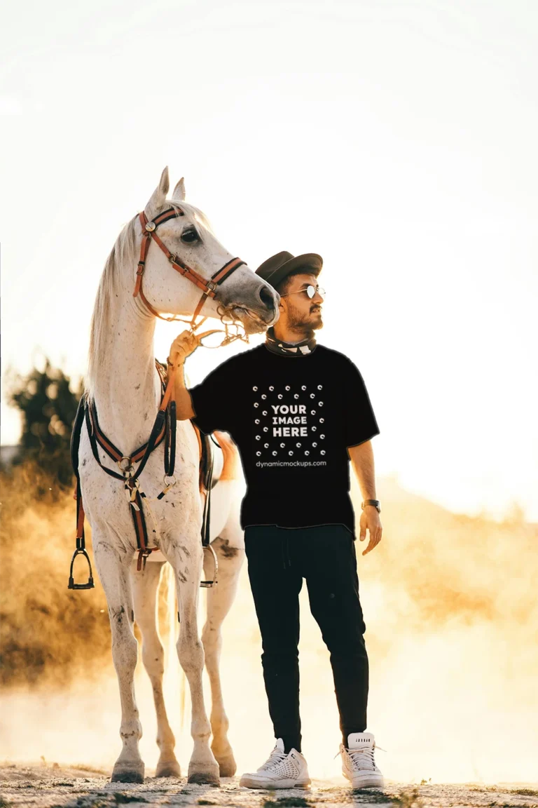Man Wearing Black T-shirt Mockup Front View Template
