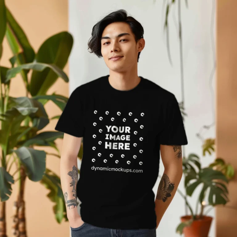 Man Wearing Black T-shirt Mockup Front View Template