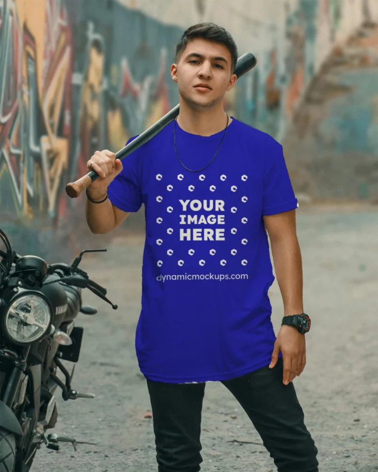 Man Wearing Blue T-shirt Mockup Front View Template