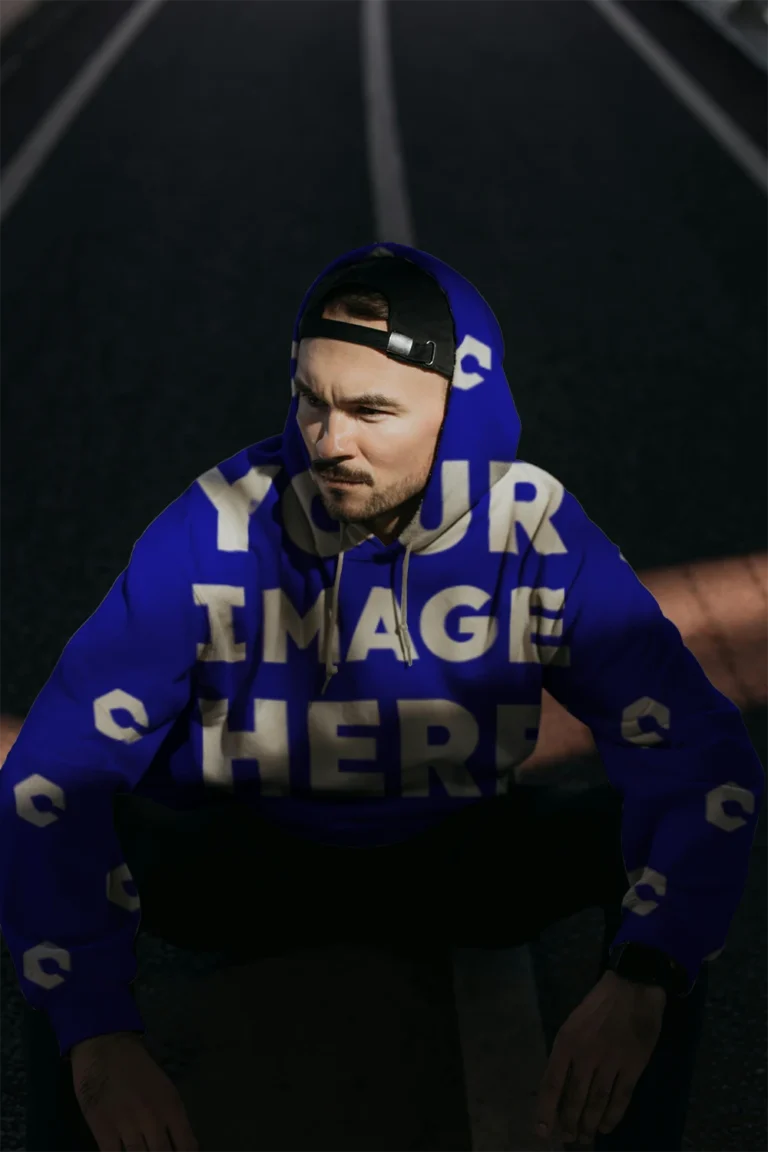 Man Wearing Blue Hoodie Mockup Front View Template