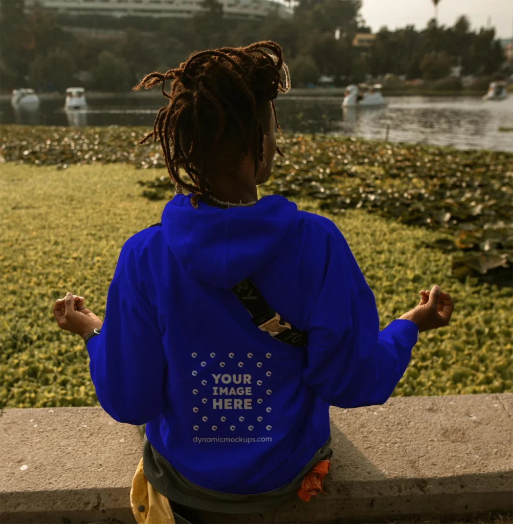 Man Wearing Blue Hoodie Mockup Back View Template