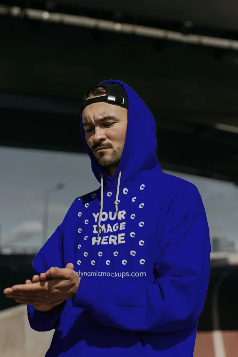 Man Wearing Blue Hoodie Mockup Front View Template