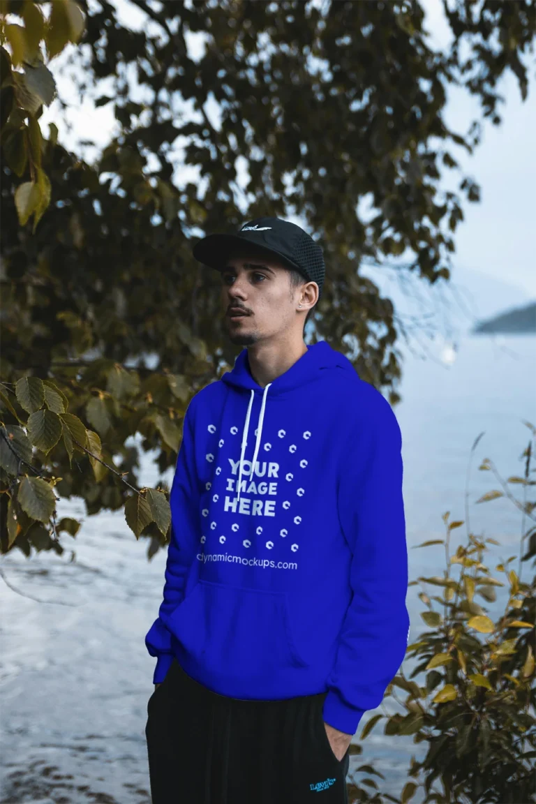 Man Wearing Blue Hoodie Mockup Front View Template
