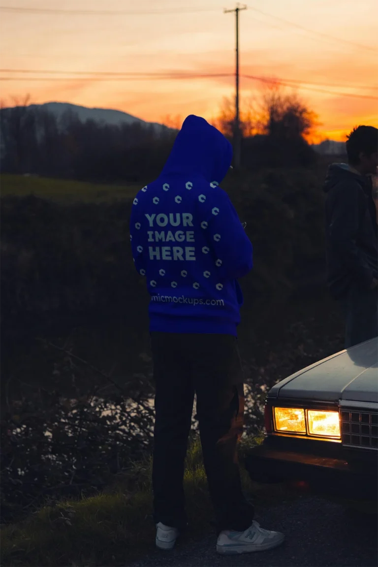 Man Wearing Blue Hoodie Mockup Back View Template
