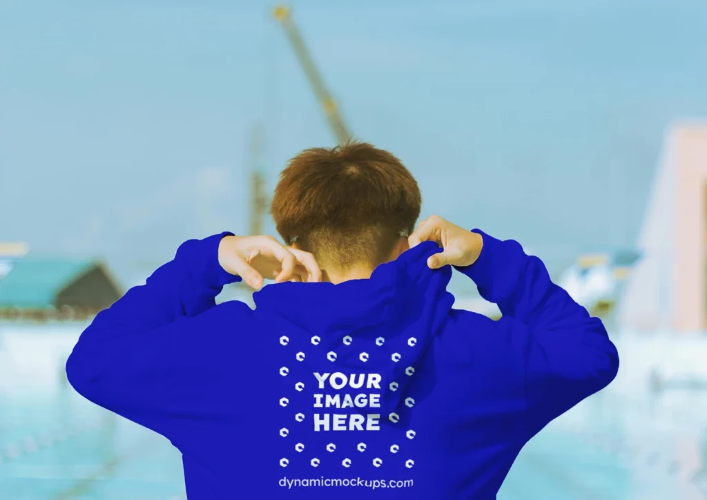 Man Wearing Blue Hoodie Mockup Back View Template