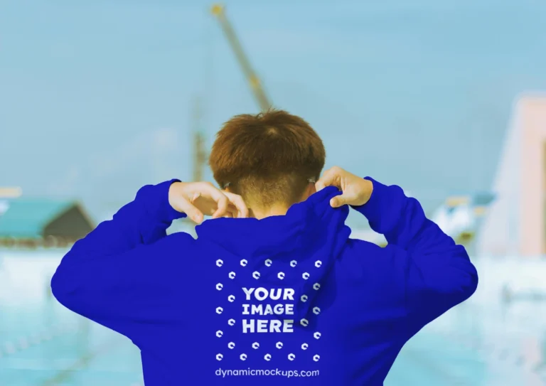 Man Wearing Blue Hoodie Mockup Back View Template