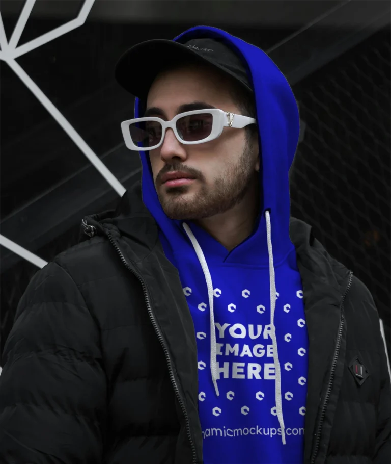 Man Wearing Blue Hoodie Mockup Front View Template