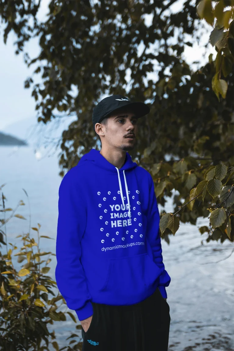 Man Wearing Blue Hoodie Mockup Front View Template