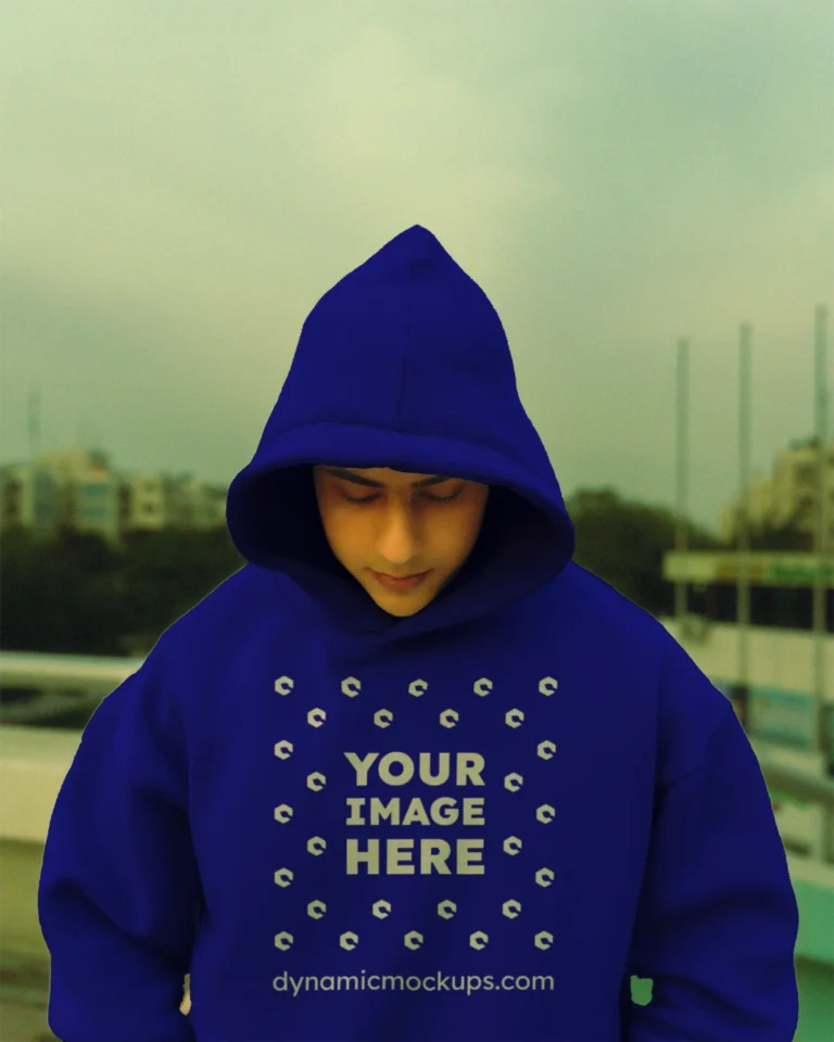 Man Wearing Blue Hoodie Mockup Front View Template
