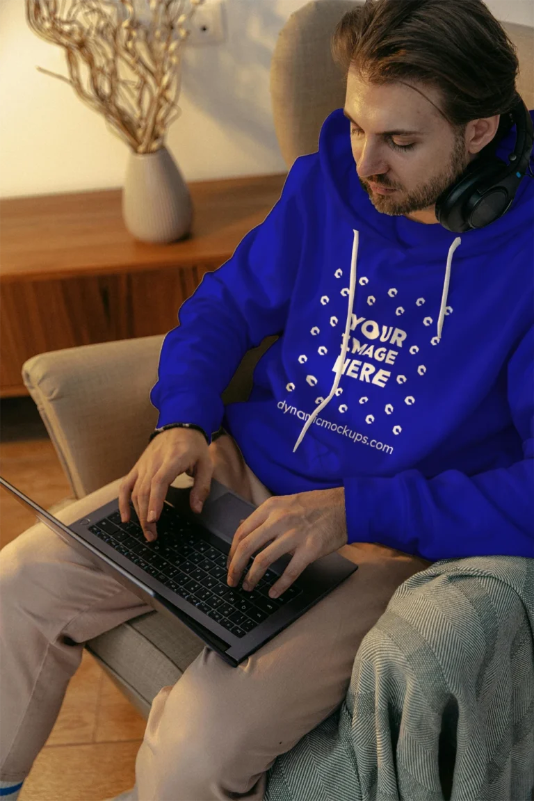 Man Wearing Blue Hoodie Mockup Front View Template