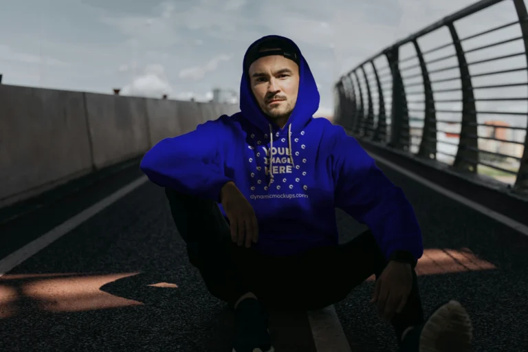 Man Wearing Blue Hoodie Mockup Front View Template