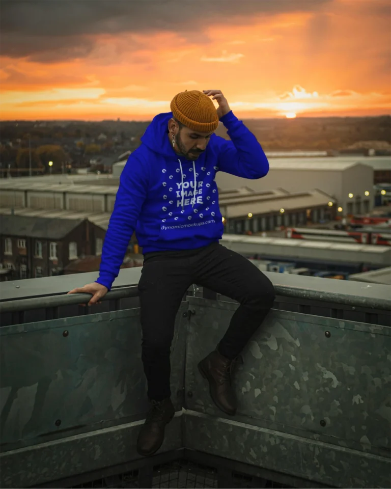 Man Wearing Blue Hoodie Mockup Front View Template