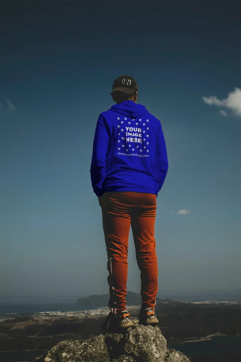 Man Wearing Blue Hoodie Mockup Back View Template