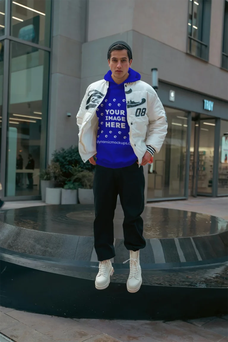 Man Wearing Blue Hoodie Mockup Front View Template