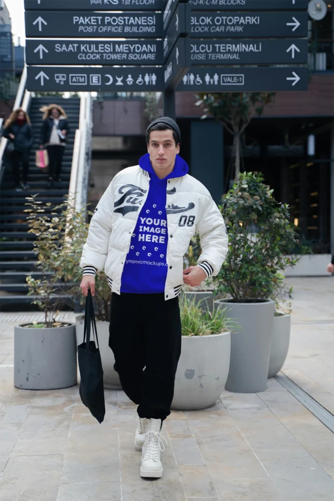 Man Wearing Blue Hoodie Mockup Front View Template