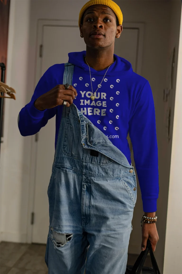 Man Wearing Blue Hoodie Mockup Front View Template