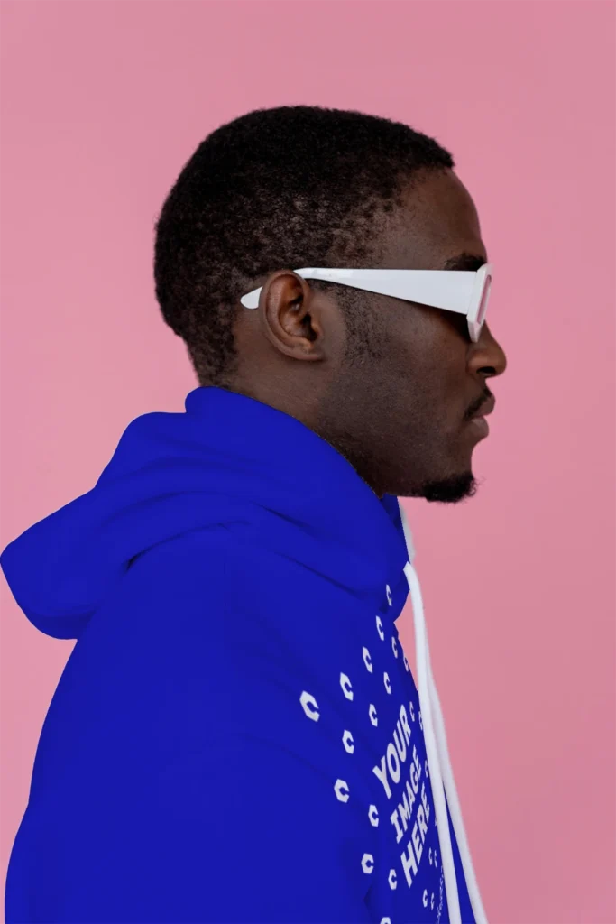 Man Wearing Blue Hoodie Mockup Side View Template