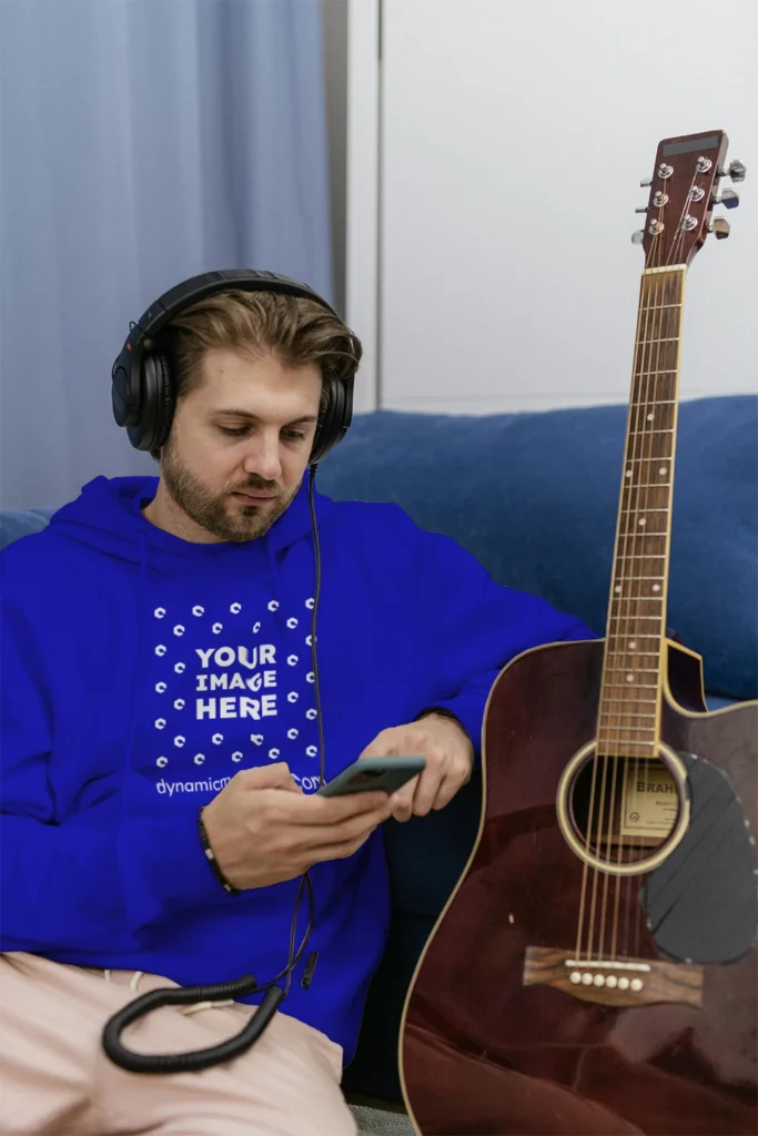 Man Wearing Blue Hoodie Mockup Front View Template