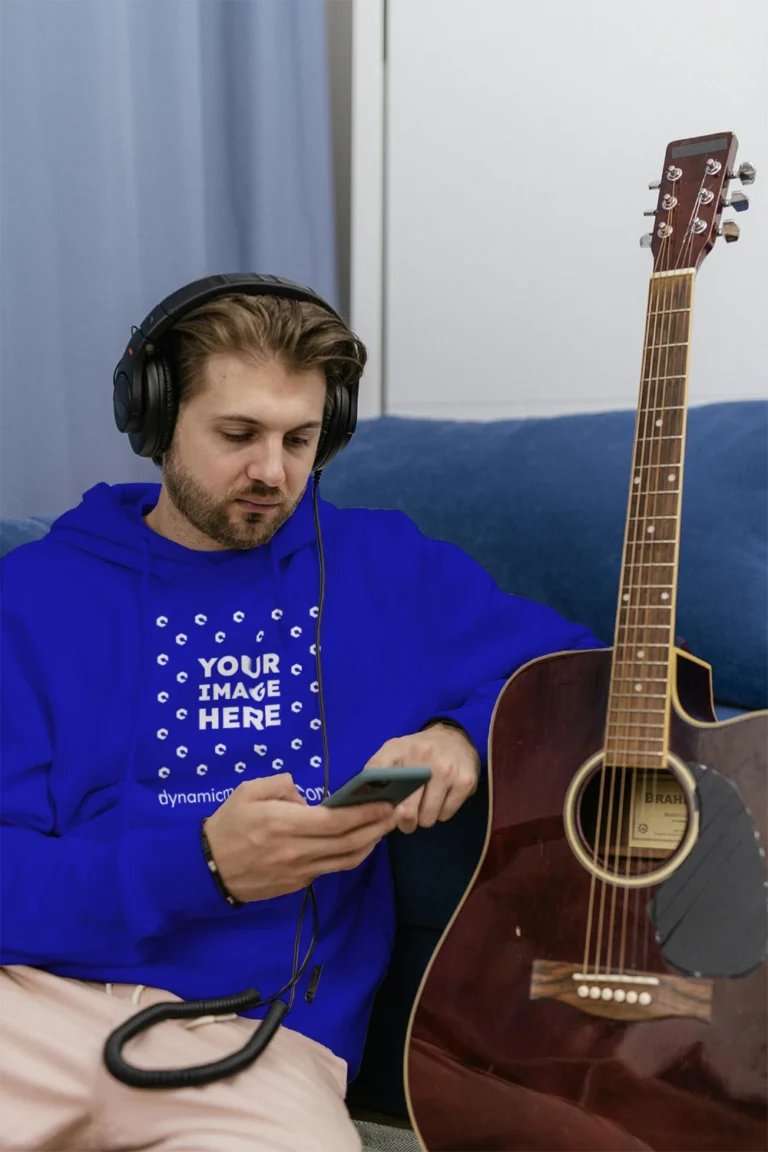 Man Wearing Blue Hoodie Mockup Front View Template