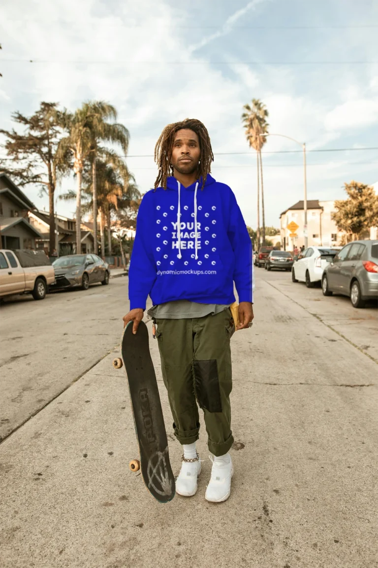 Man Wearing Blue Hoodie Mockup Front View Template