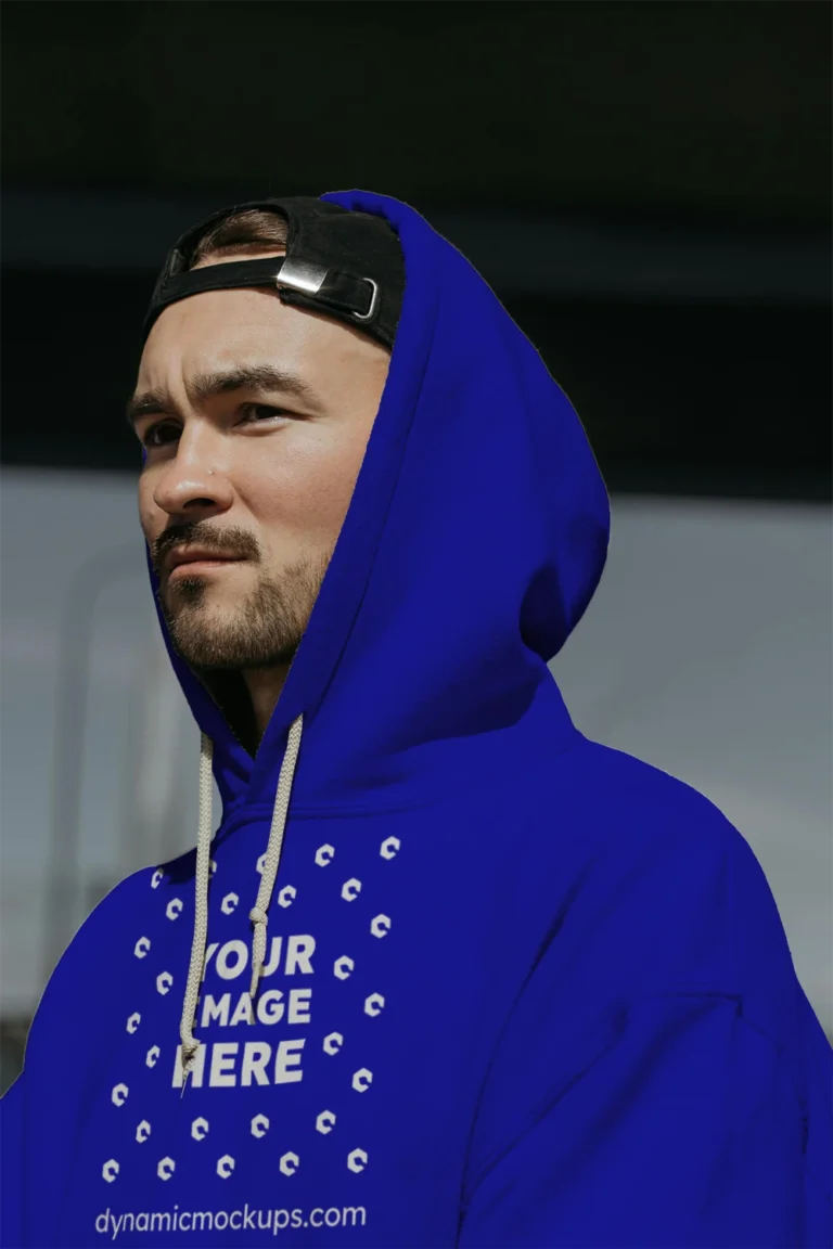 Man Wearing Blue Hoodie Mockup Front View Template