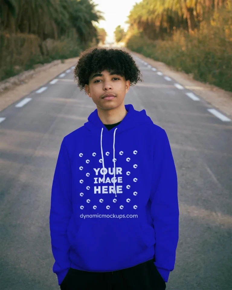 Man Wearing Blue Hoodie Mockup Front View Template