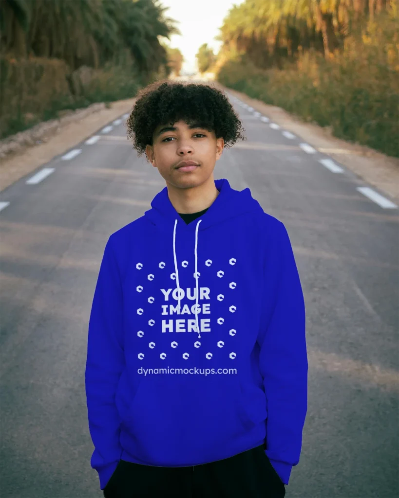 Man Wearing Blue Hoodie Mockup Front View Template