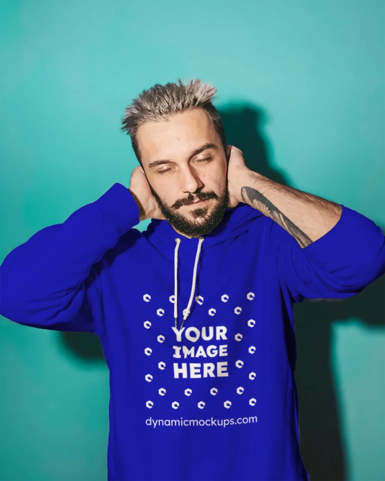 Man Wearing Blue Hoodie Mockup Front View Template
