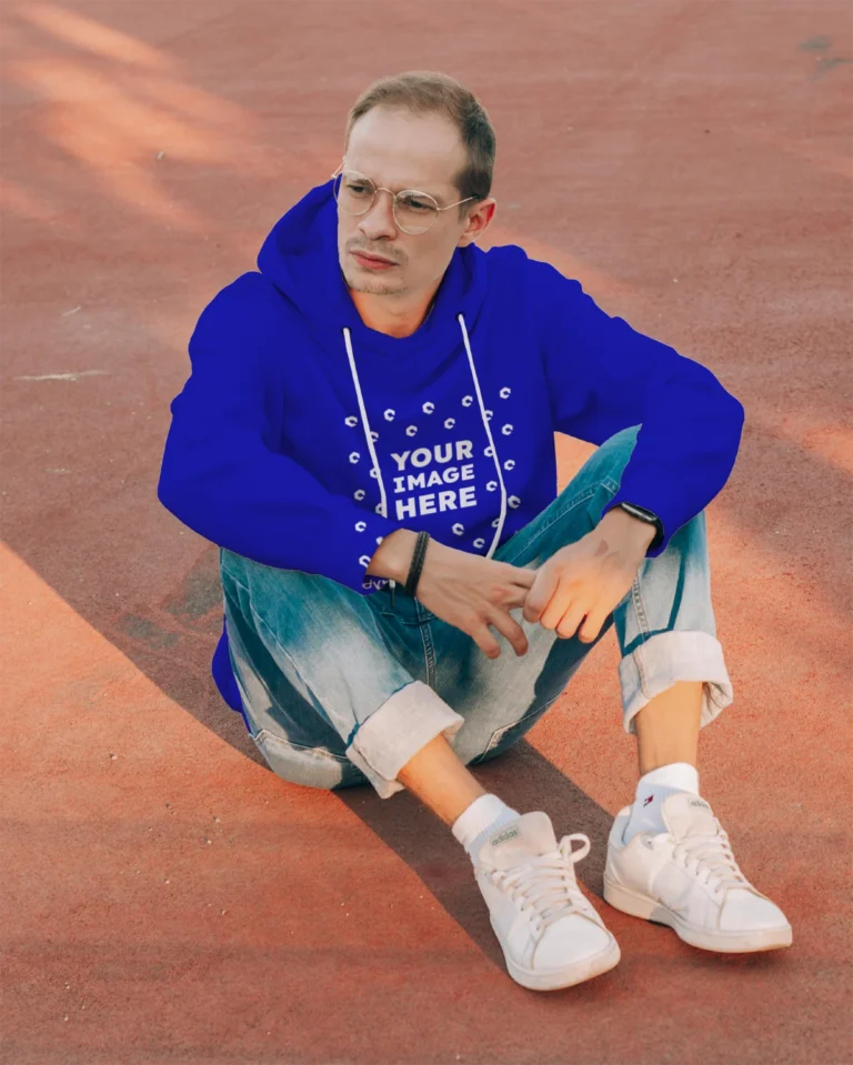 Man Wearing Blue Hoodie Mockup Front View Template