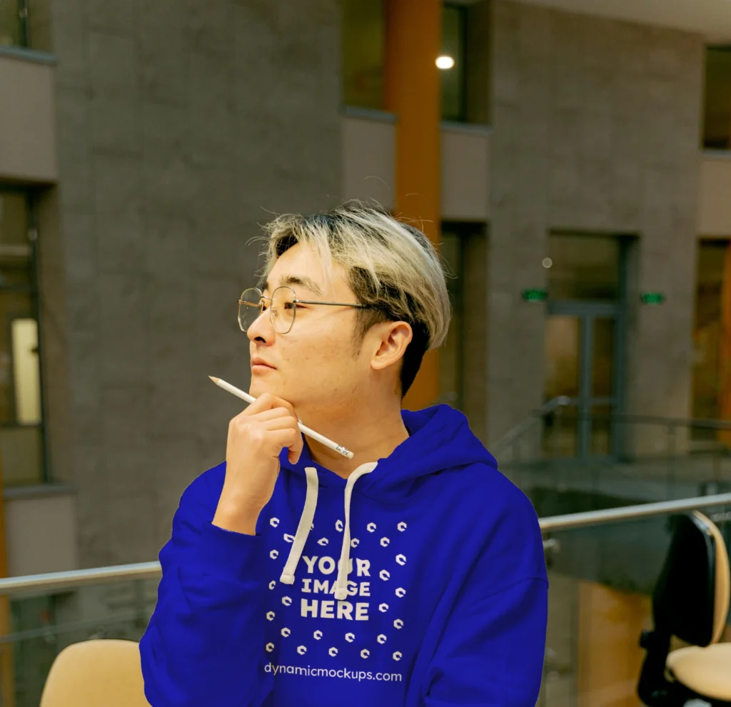 Man Wearing Blue Hoodie Mockup Front View Template