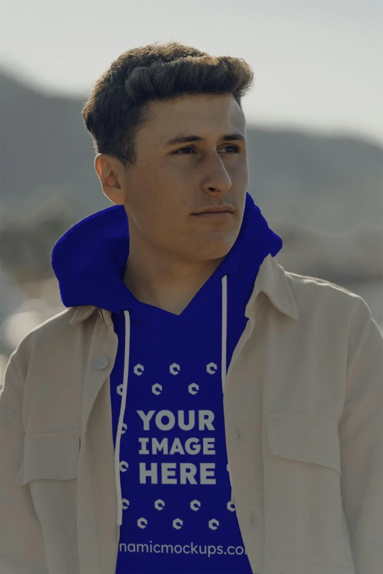 Man Wearing Blue Hoodie Mockup Front View Template