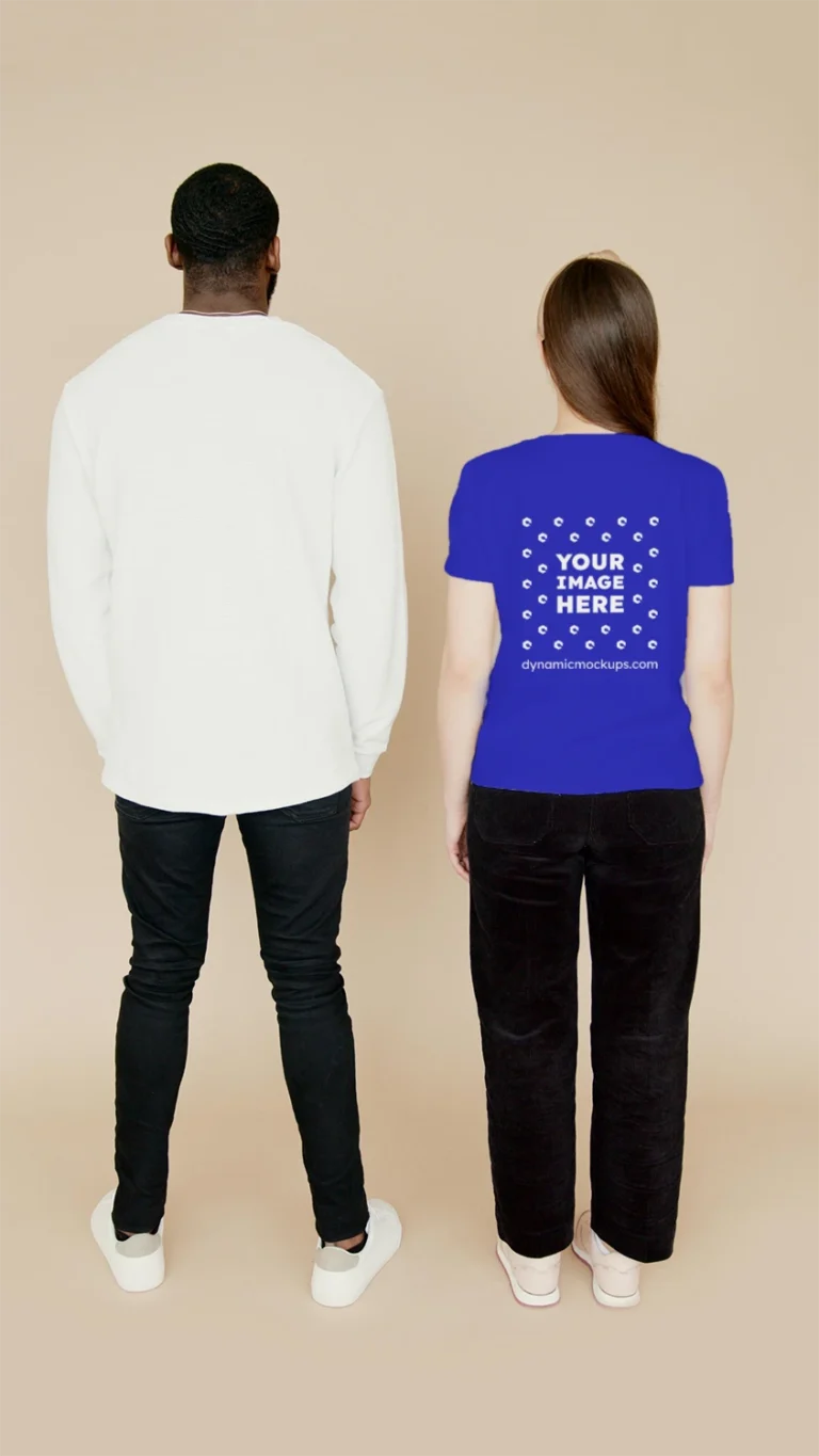 Man Wearing Blue T-shirt Mockup Back View Template