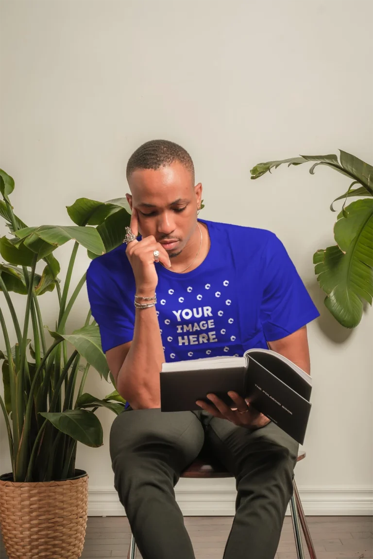 Man Wearing Blue T-shirt Mockup Front View Template
