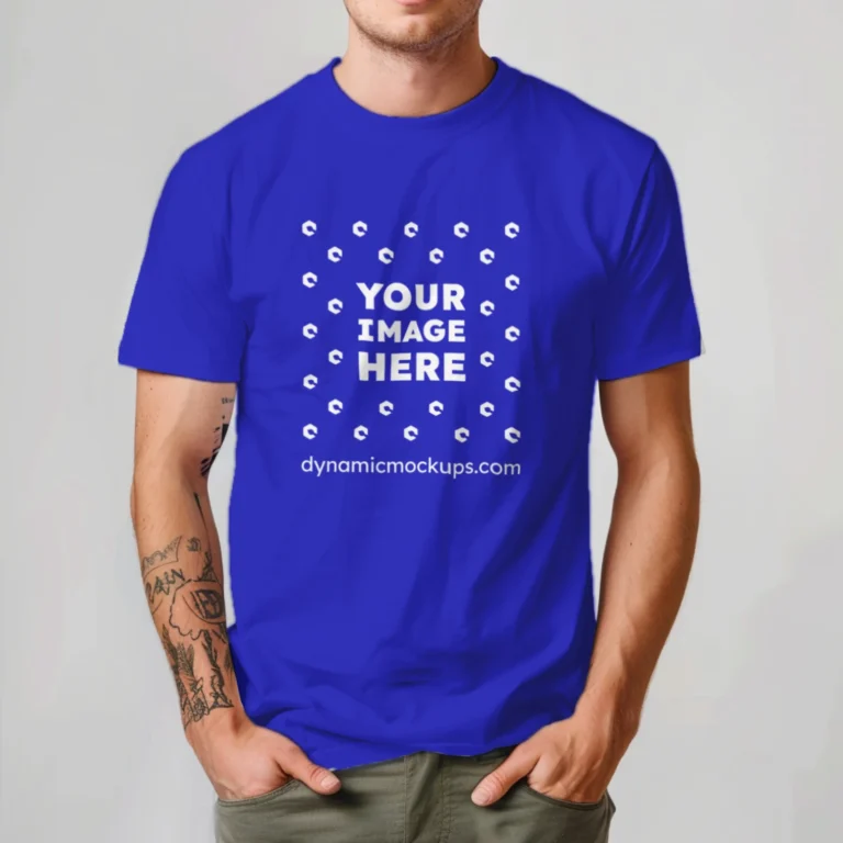 Man Wearing Blue T-shirt Mockup Front View Template
