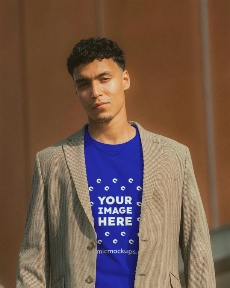 Man Wearing Blue T-shirt Mockup Front View Template