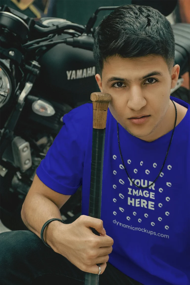 Man Wearing Blue T-shirt Mockup Front View Template
