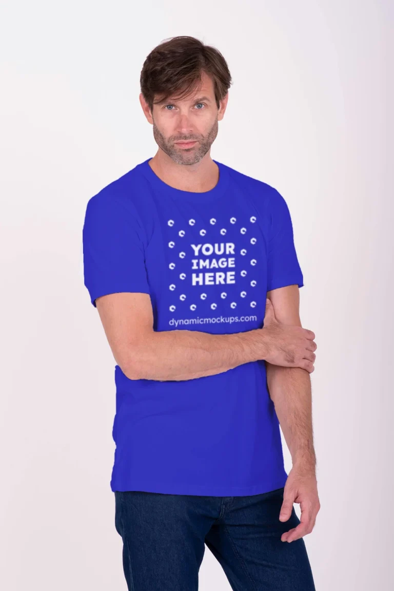 Man Wearing Blue T-shirt Mockup Front View Template
