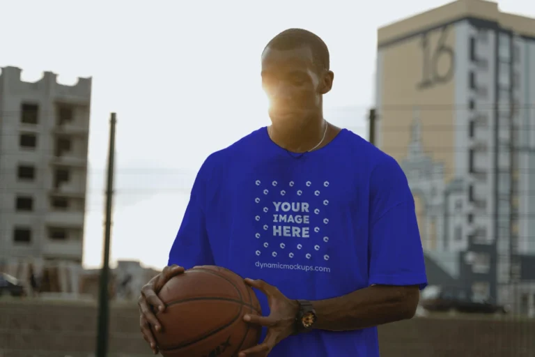 Man Wearing Blue T-shirt Mockup Front View Template