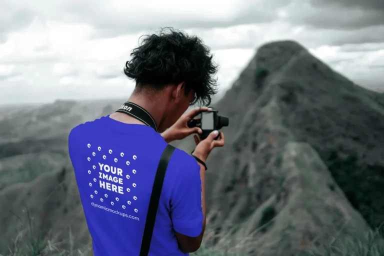 Man Wearing Blue T-shirt Mockup Back View Template