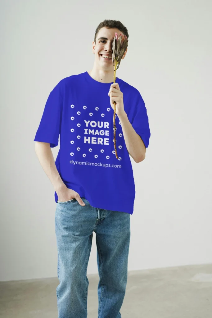 Man Wearing Blue T-shirt Mockup Front View Template