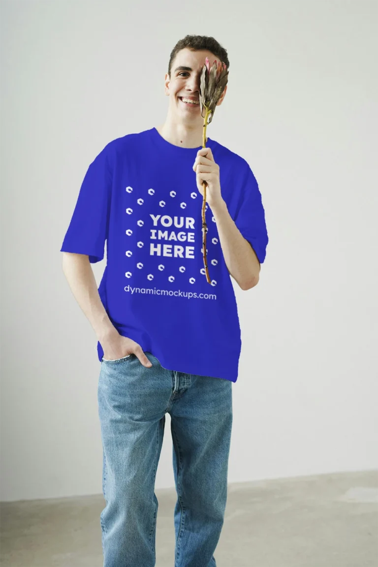 Man Wearing Blue T-shirt Mockup Front View Template