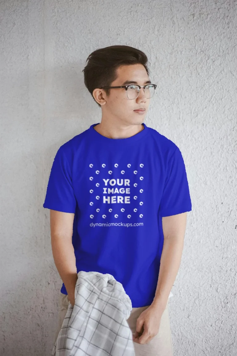 Man Wearing Blue T-shirt Mockup Front View Template