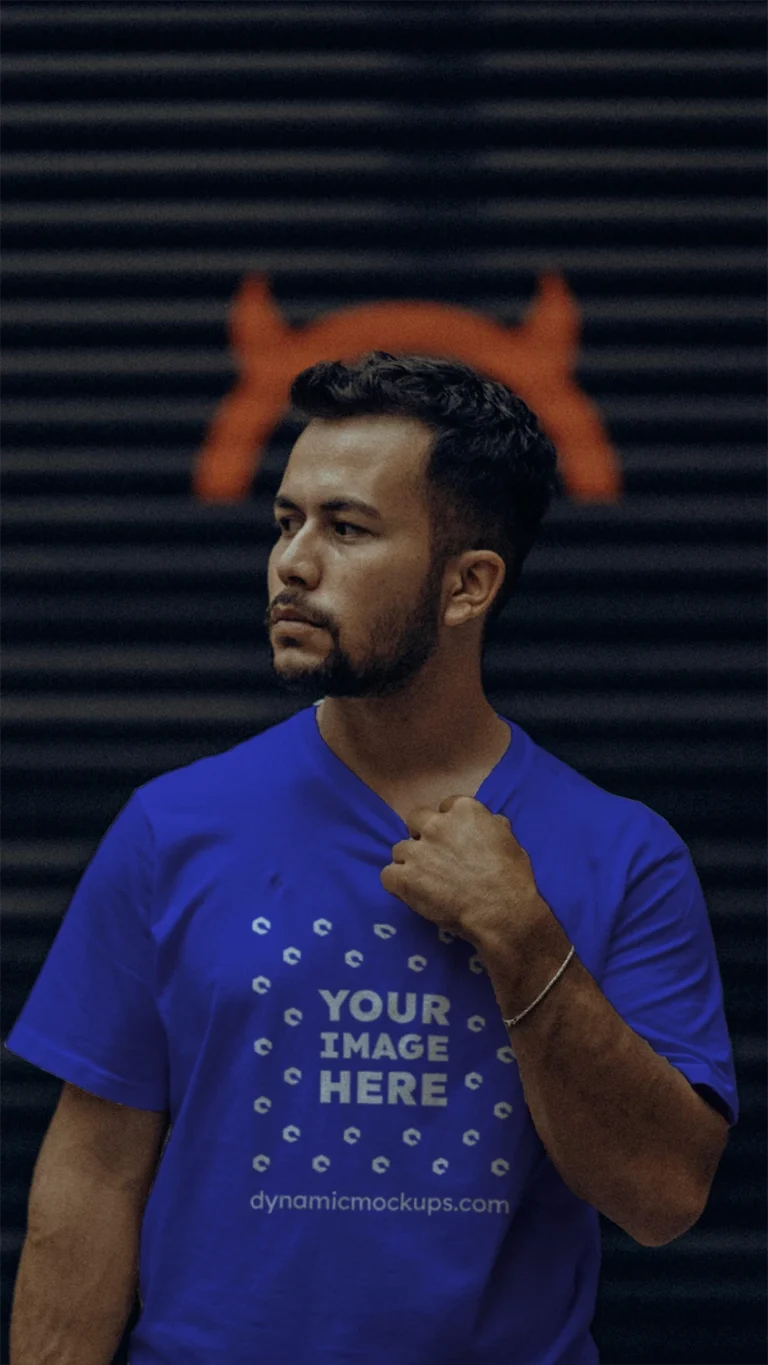 Man Wearing Blue T-shirt Mockup Front View Template